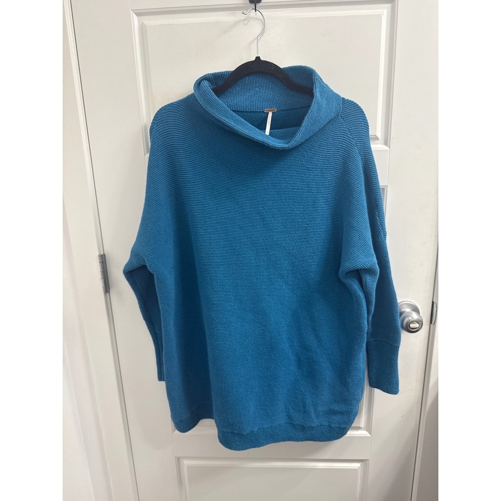 Free People Ottoman Slouchy Tunic Sweater Teal Blue Ribbed Mock Neck Small